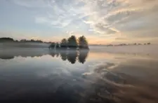 Scenic waterfront landscape featuring towering pines and clear blue water at Smile Awhile, a premier Wisconsin Northwoods getaway.